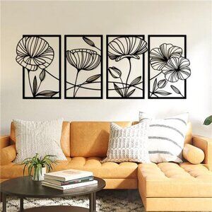 4 Pieces Wall Decor Black Metal Wall Art Minimalist Metal Flowers